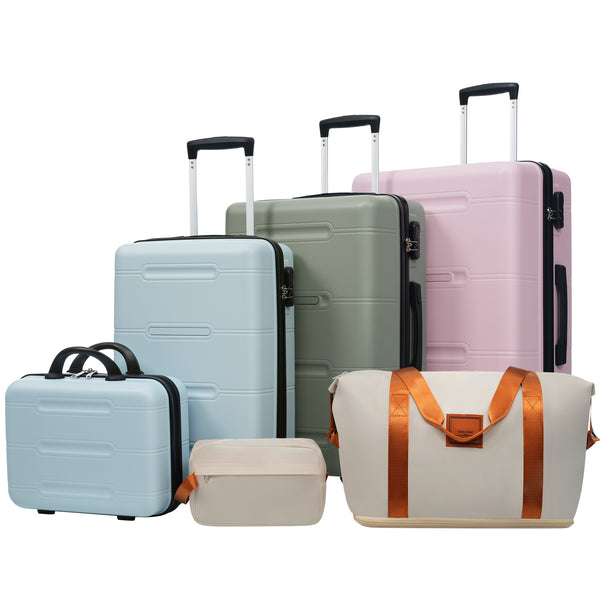 6 Piece Luggage Set,Lightweight Hardshell Suitcase With Double Spinner Wheels Handle Password Lock,14 IN Cosmetic Case 20-24-28 IN Luggages With Duffel Bag And Toiletry Bag